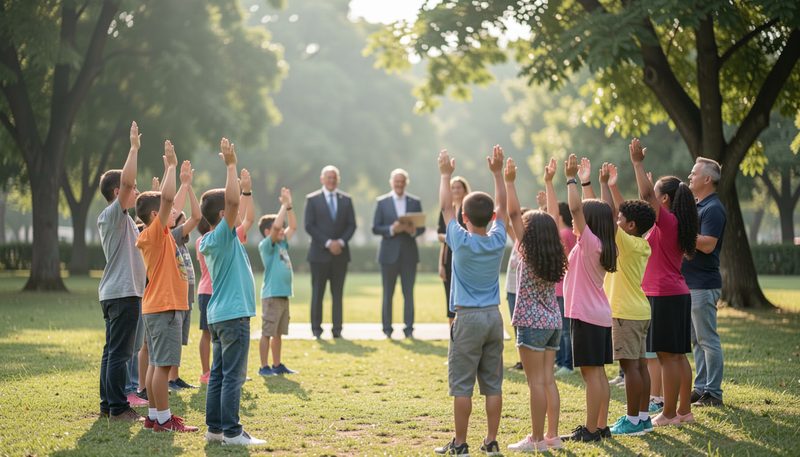 Bambini in semicerchio all'aperto con la mano alzata durante la cerimonia del mattino con i capi